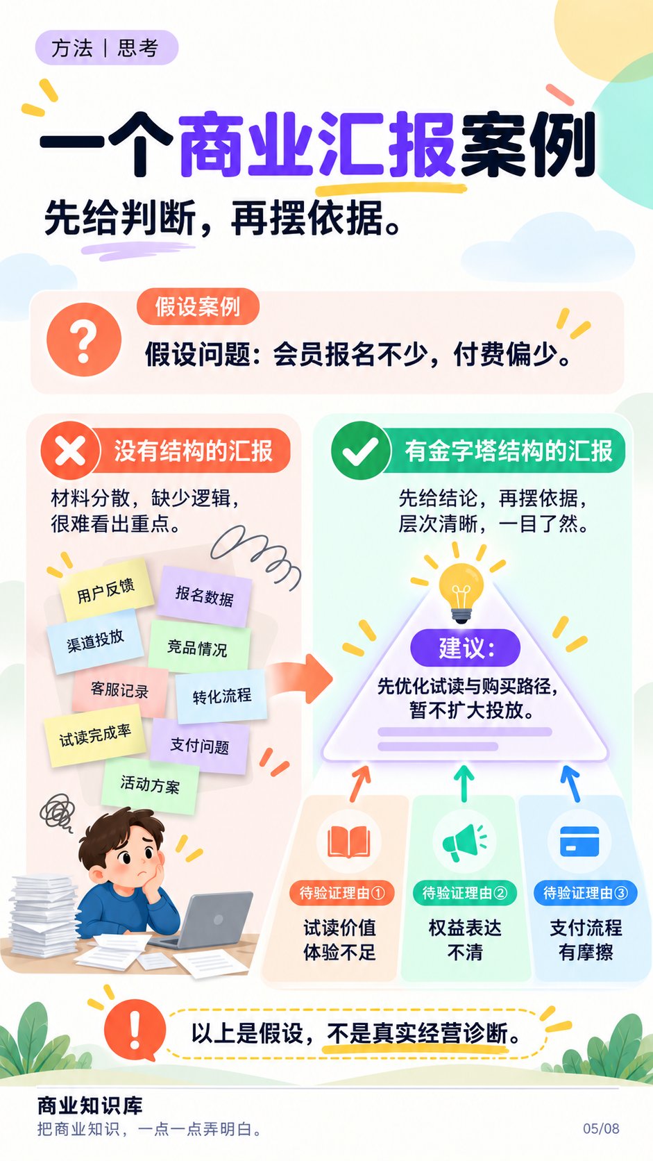 一个商业汇报案例：先给判断，再摆依据（假设案例）