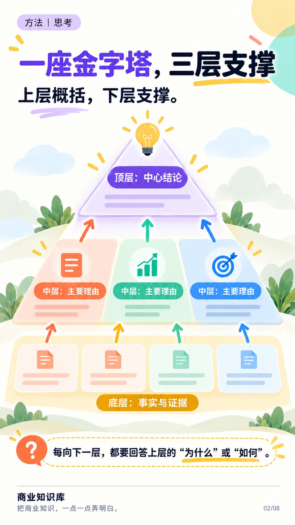 一座金字塔，三层支撑：上层概括，下层支撑