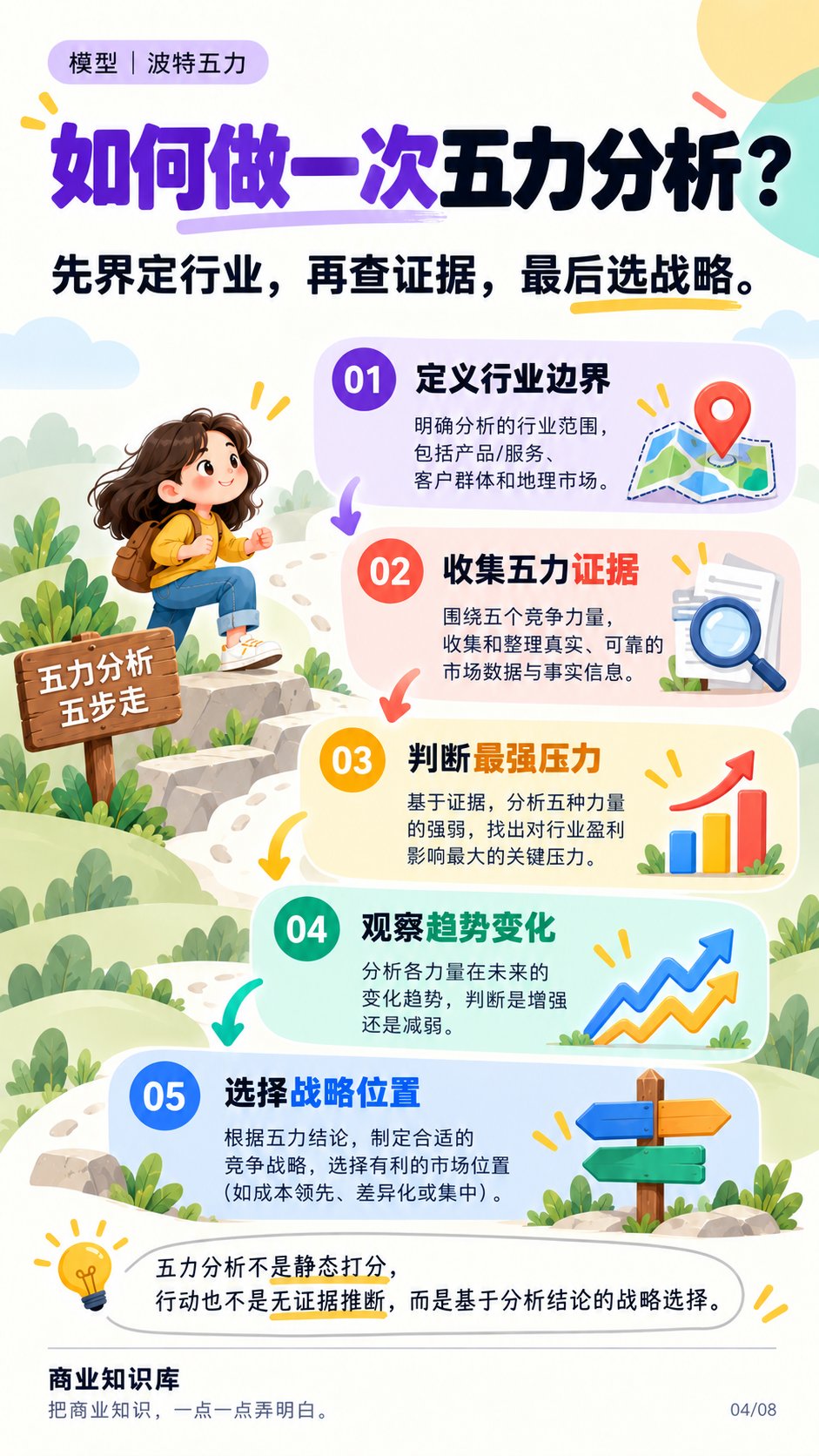 如何做一次五力分析：定义边界、收集证据、判断最强压力、观察趋势、选择战略位置