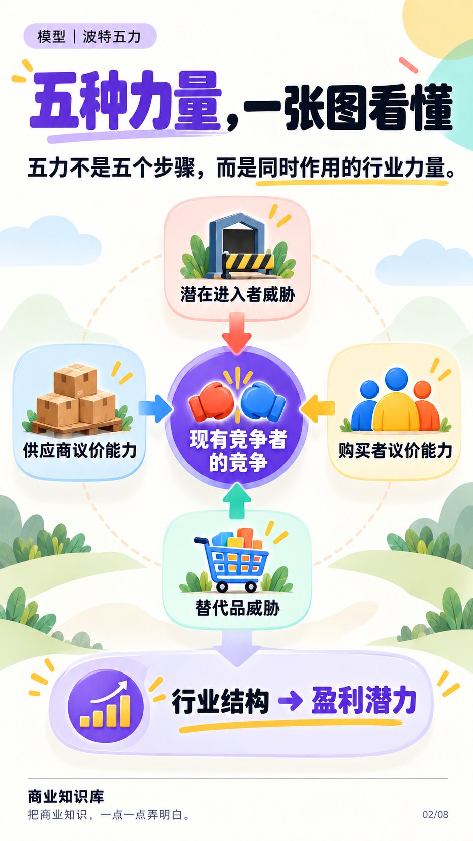 五种力量一张图：五力同时作用于行业结构，不是五个连续步骤