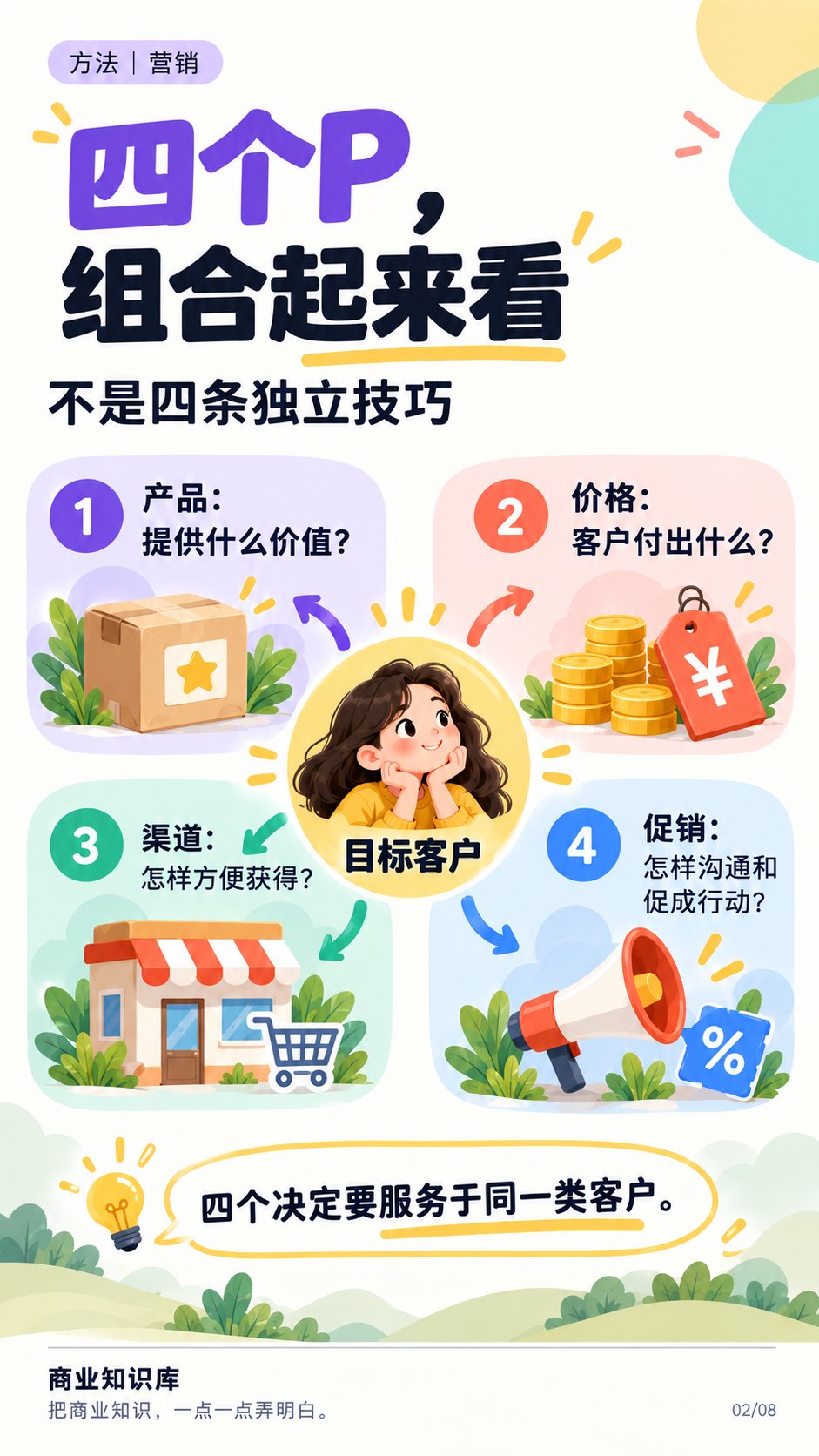 营销4P：四个P组合起来看，服务于同一类客户